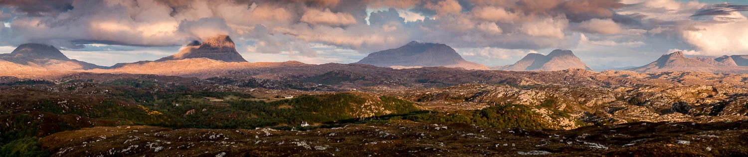 Sunset on the hills of Assynt (l-r) Canisp, Suilven, Cùl Mor, Cùl Beag and Stac Pollaidh.