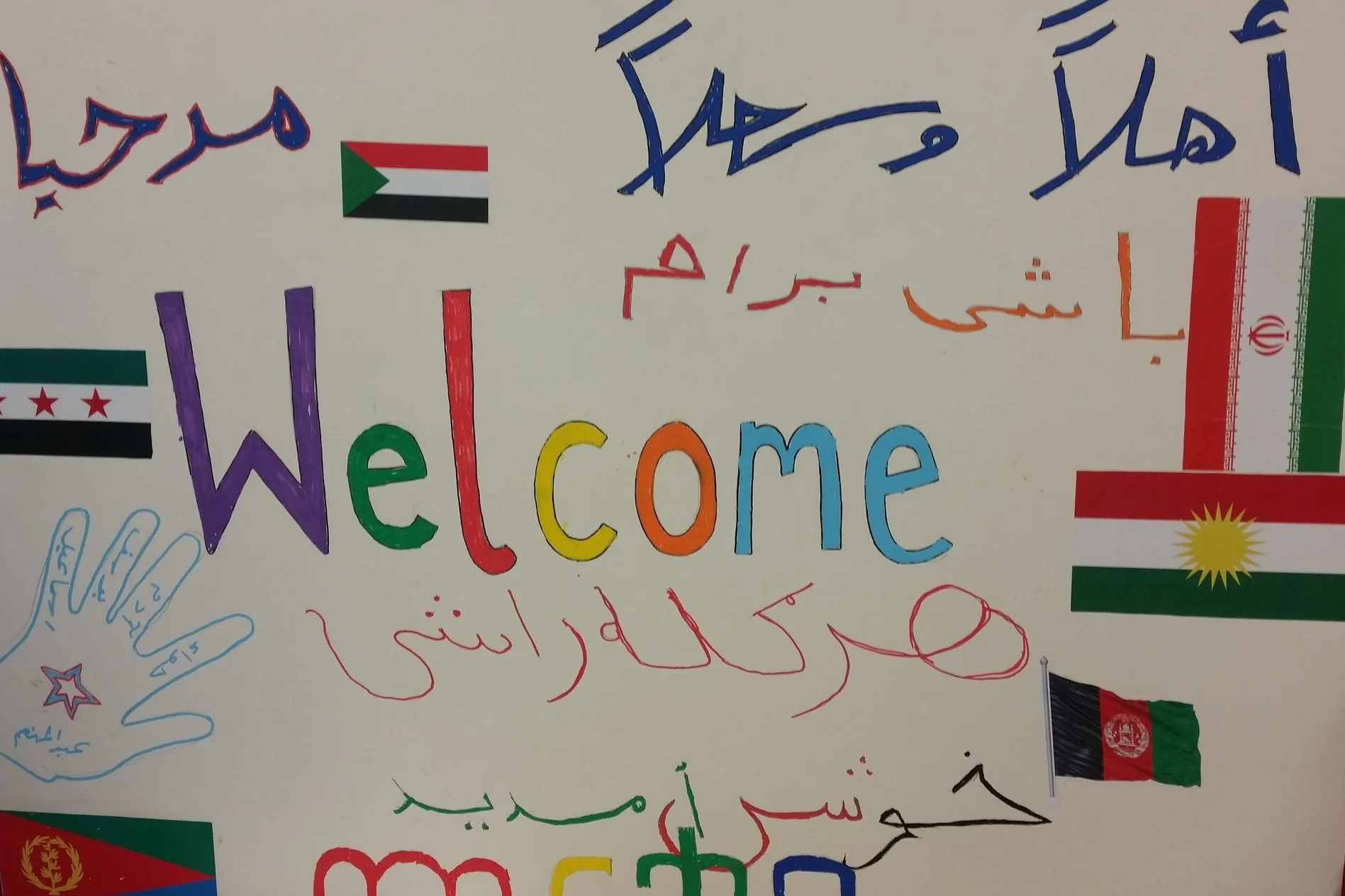A 'Welcome' sign at the West Yorkshire Playhouse Studio where Isabel and Christy visited 'Hearts', a creative group for teenage refugees and asylum seekers.