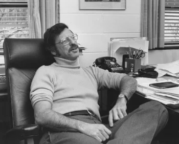 Professor Meltsner in his office, circa 1979. Photo courtesy of Northeastern University Libraries.