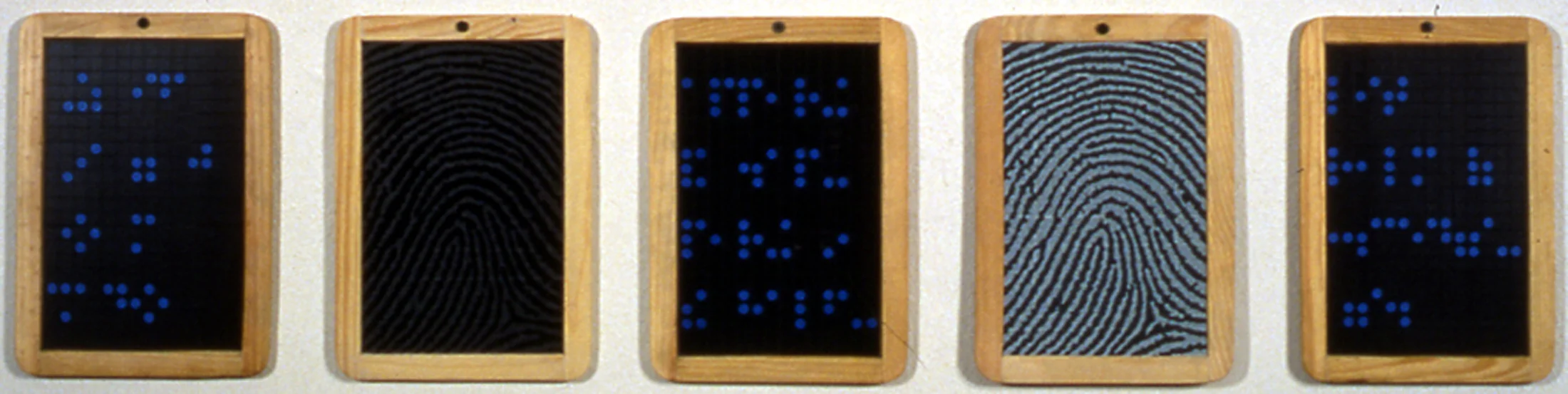   Presence Is Our Duty... Goethe), 1996  oil &amp; flash on ardoises 10 1/4 x 35 inches 