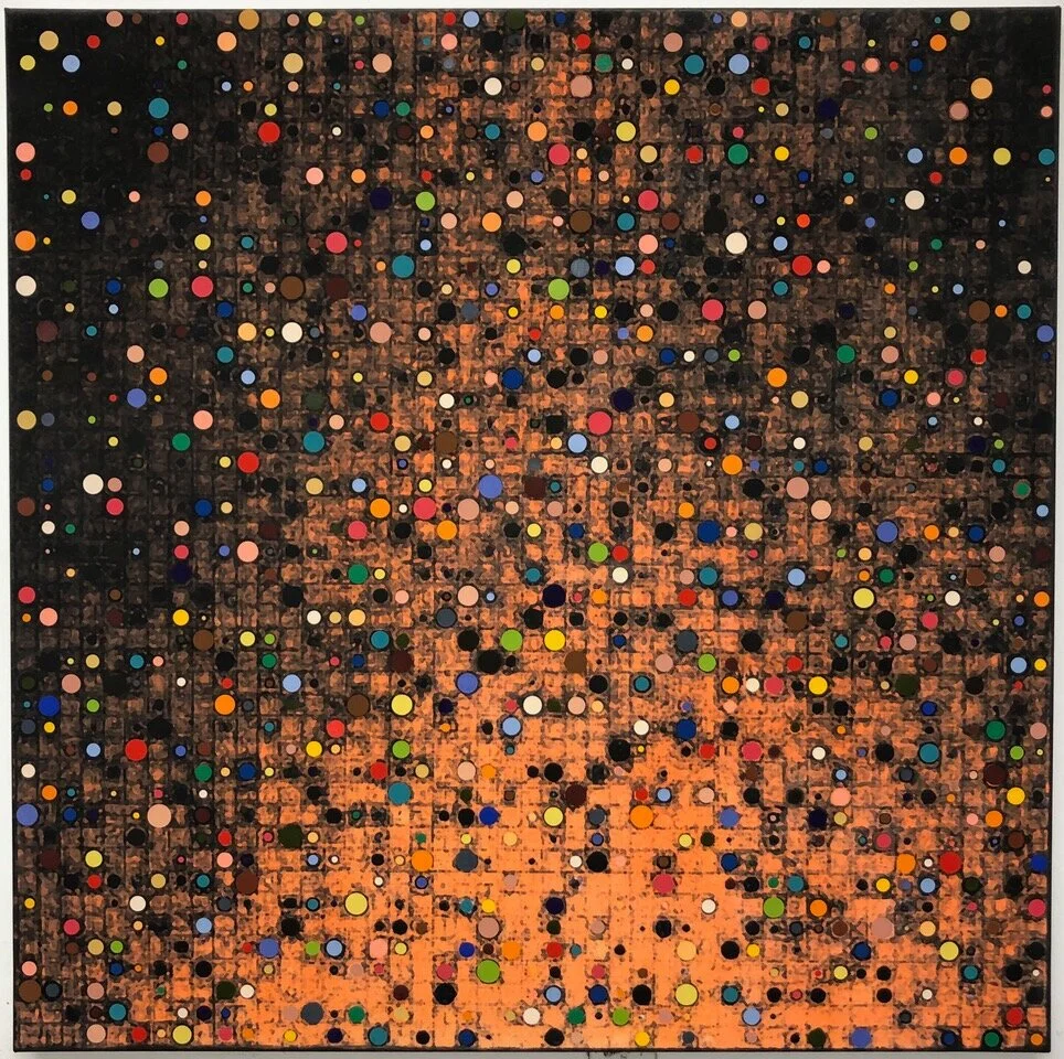 Waking Shadows. 2020 oil on printed canvas, 40 x 40 inches