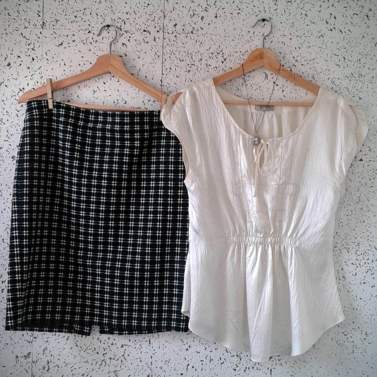 JCrew skirt, Size 8, $32; Jonesy silk top, Size S, $26; Cameo necklace, $14