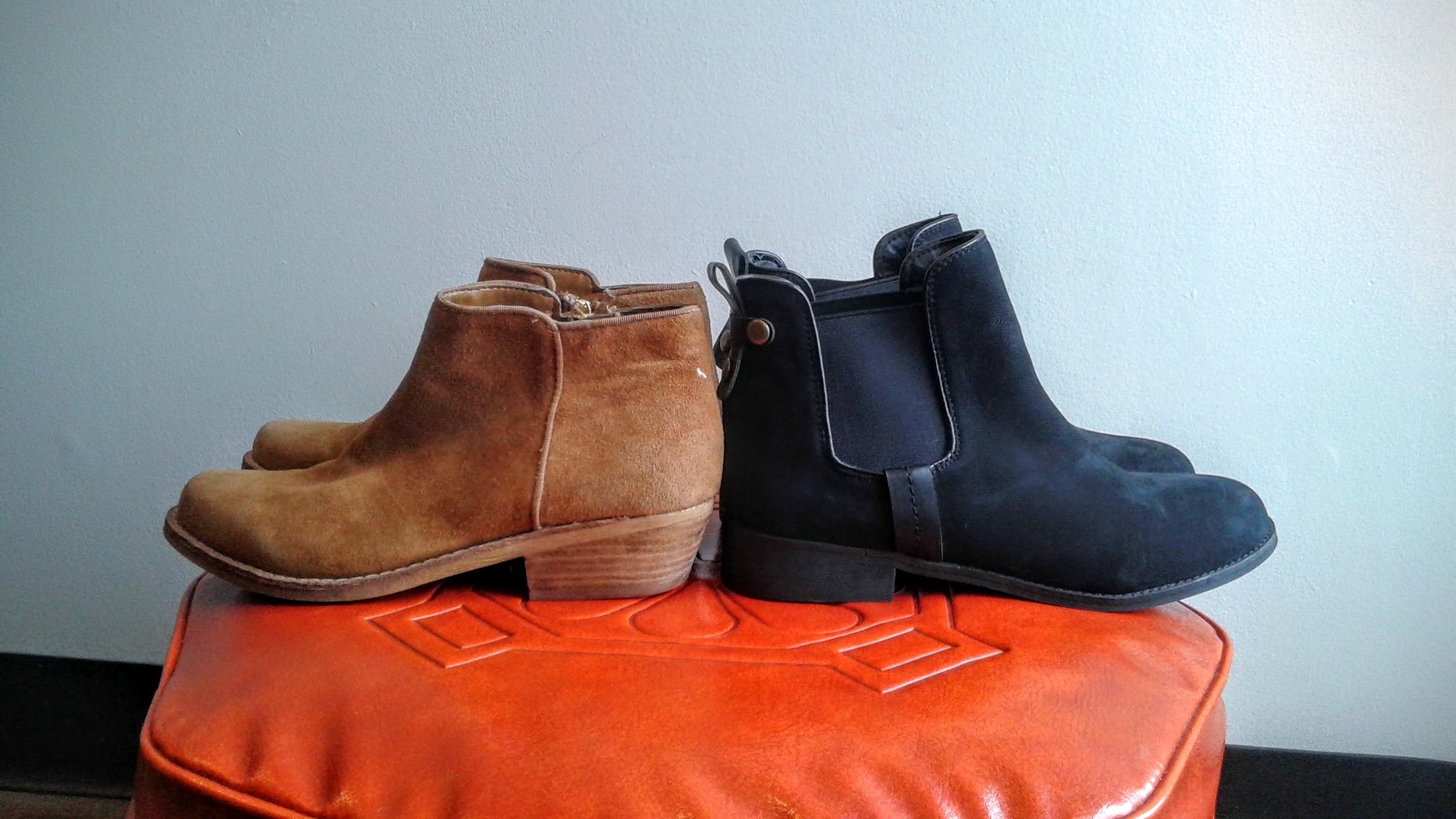 Sam Edelman tan booties, S7.5, $55; Steve Madden black booties, S7.5, $45