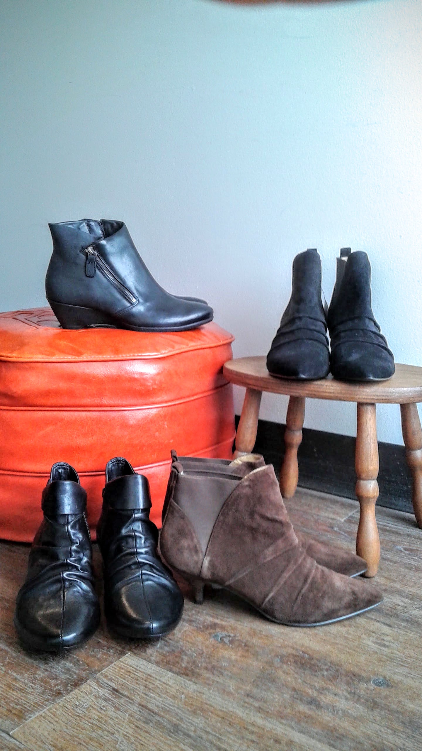 Clarks, S7, $46; Nine West black, S7, $46; Nine West brown, S7, $46; Ecco boots, S6.5, $62