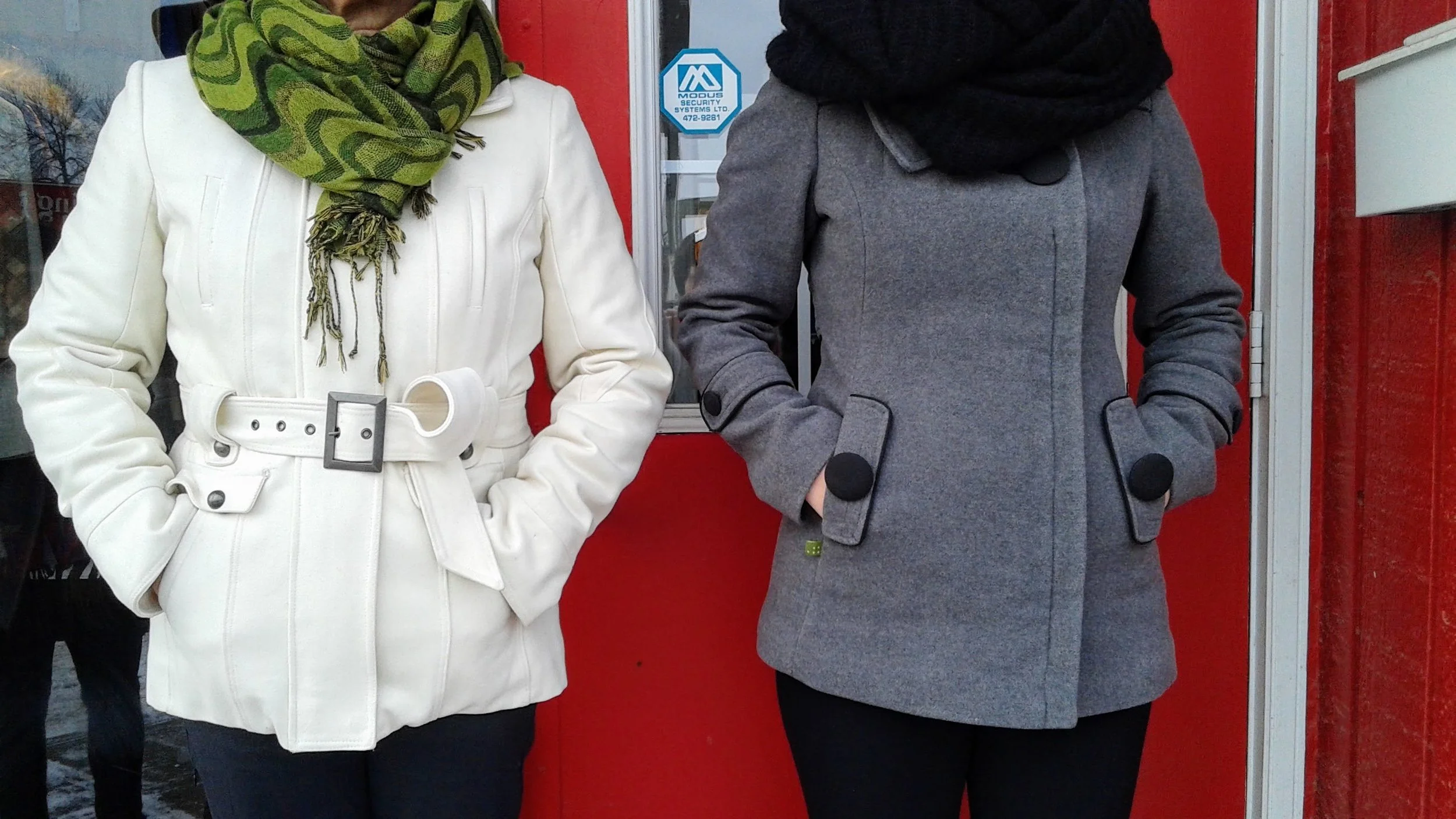 Le Chateaux coat; Size M, $48. Scarf $14. (American Eagle hat, $20). Soia & Kyo coat; Size S, $78. Cowl, $14. (DeLux merino wool hat, $24)