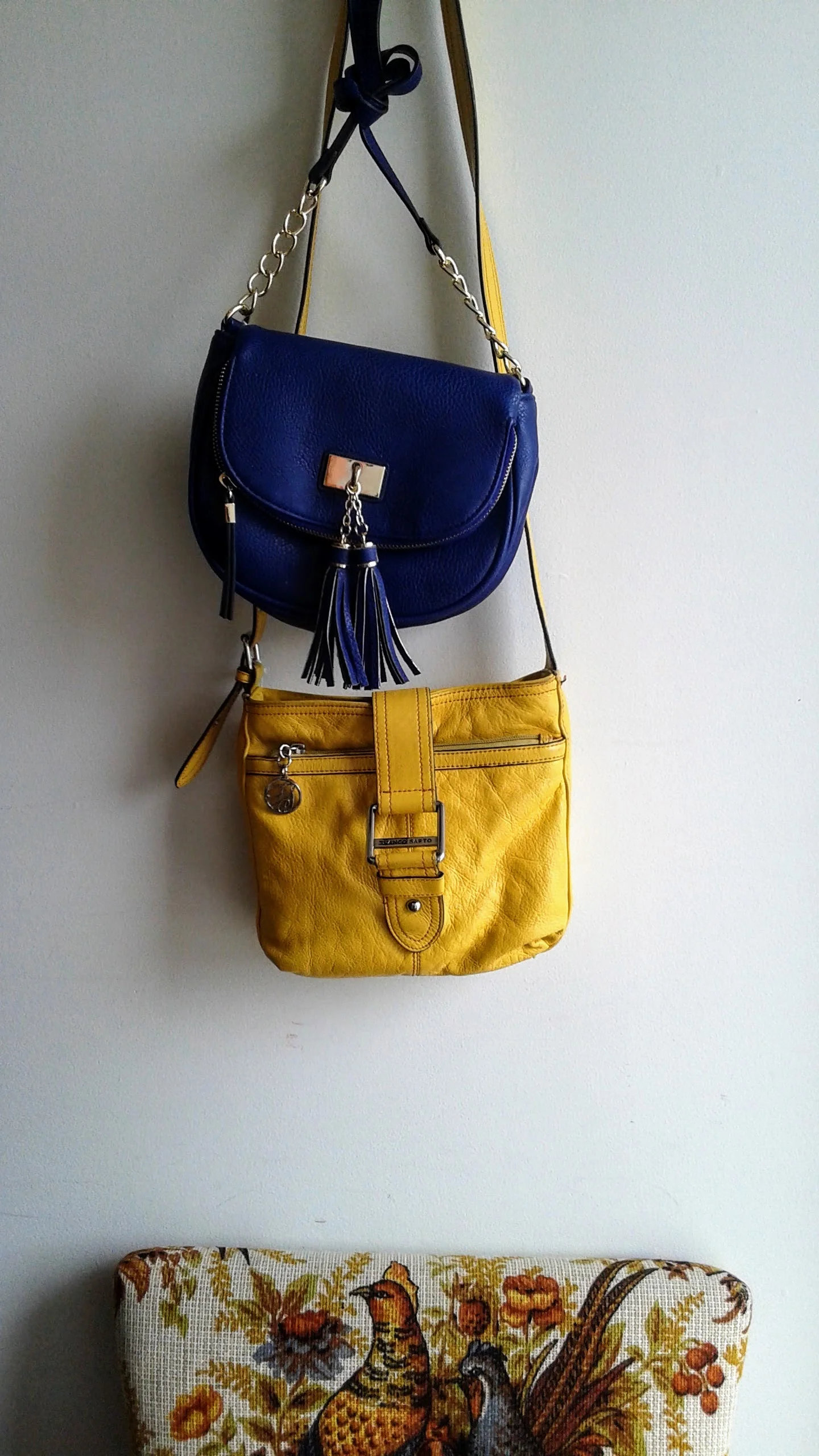 Blue purse, $20; Yellow Franco Sarto purse, $32