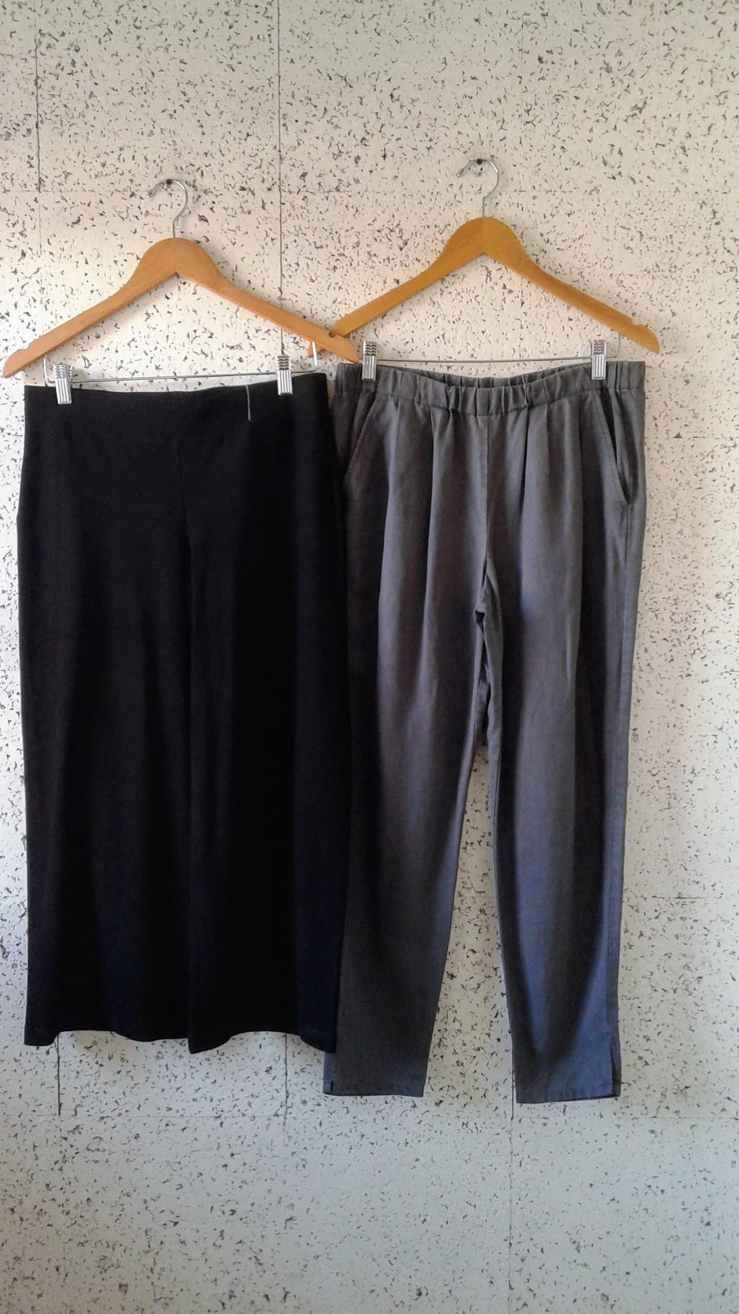 Eileen Fisher black pants; Size S, $40. Eileen Fisher grey pants; Size M, $40