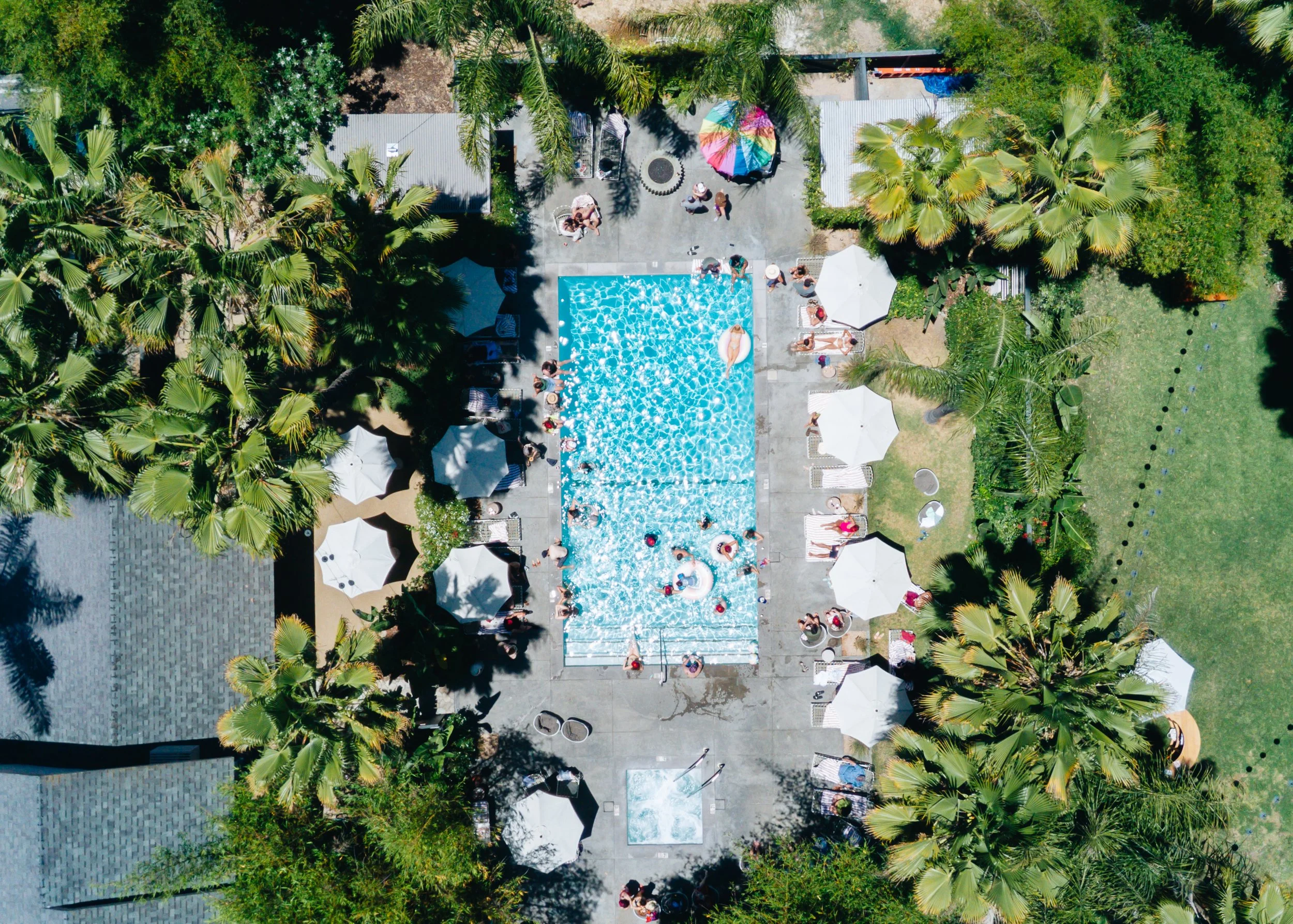 Aerial view of a backyard swimming pool surrounded by palm trees, lounge chairs with umbrellas, and people relaxing and swimming.
