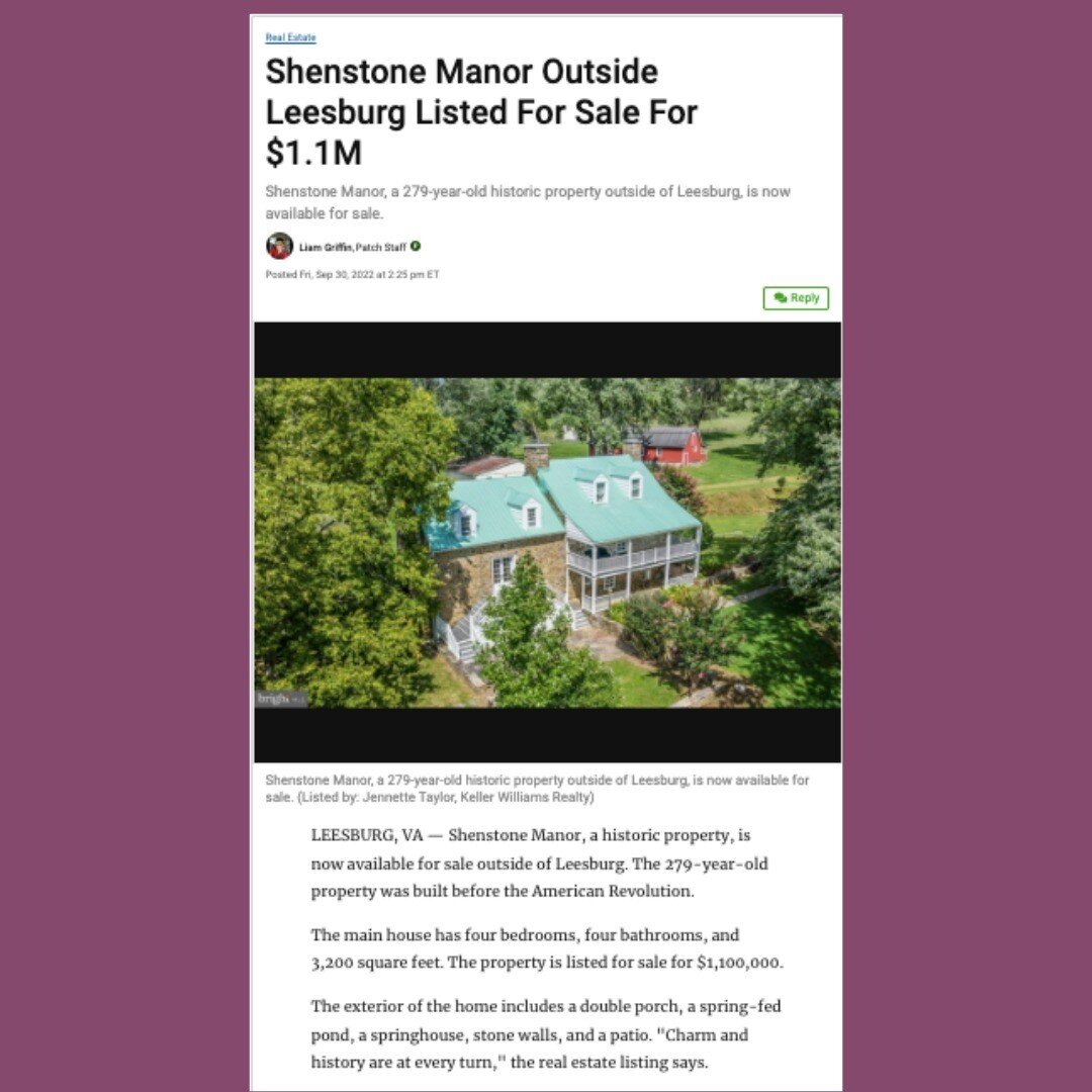 Shenstone Farmhouse is featured in the Ashburn Patch Real Estate Section today! #featured #featuredlisting #publicity #marketingdigital #realestate #realestatephotography #loudoun #loudouncounty #leesburgva #antiquerealestate #historicrealestste #his