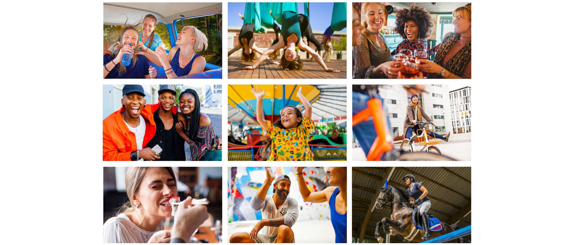 Groupon empowers you to conquer your fears, push your limits, seek thrills, take part in trends, and have a good time. The images show that by displaying subjects that are in an exciting and eventful moment.