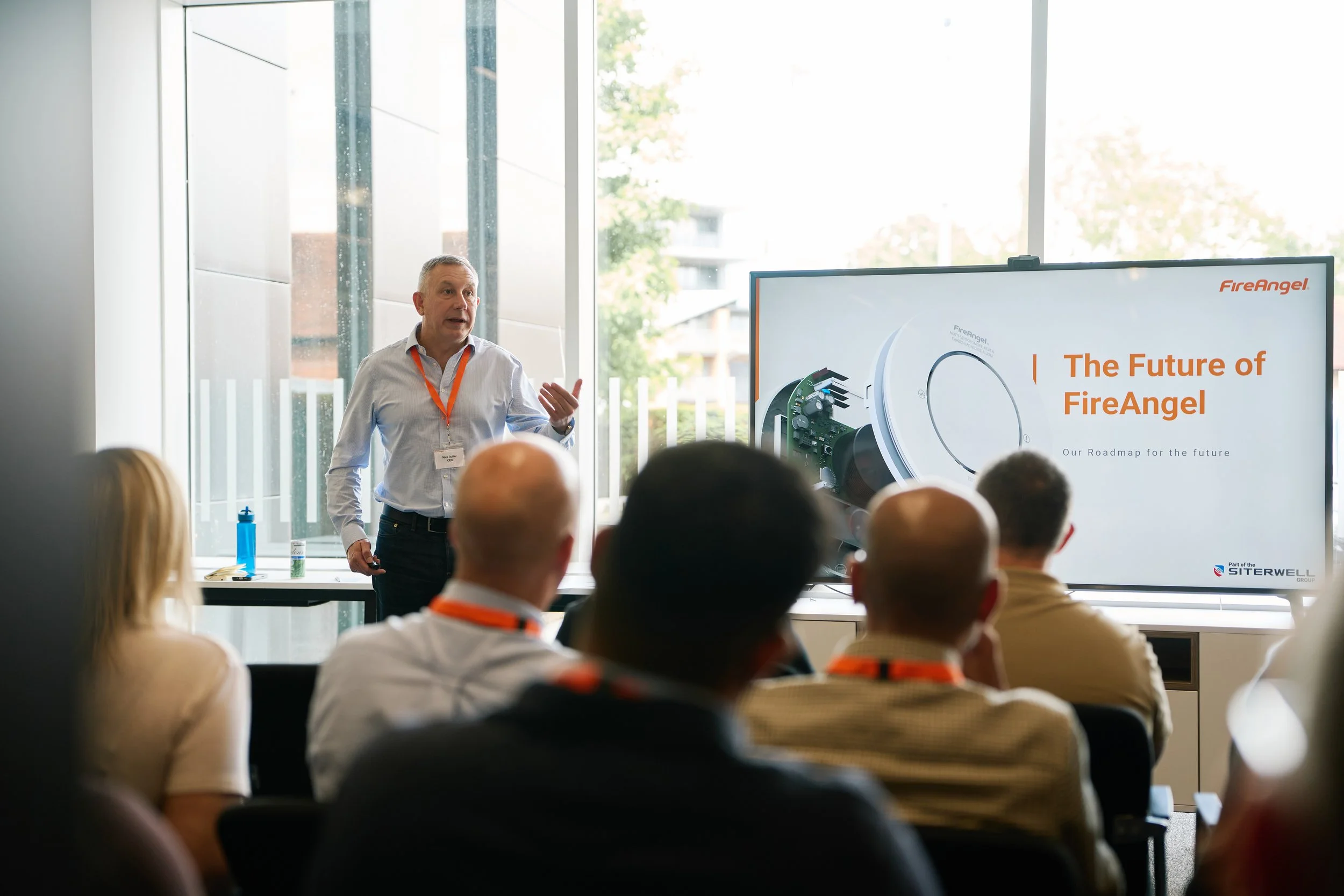 Managing Director addressing staff at FireAngel’s Coventry office event