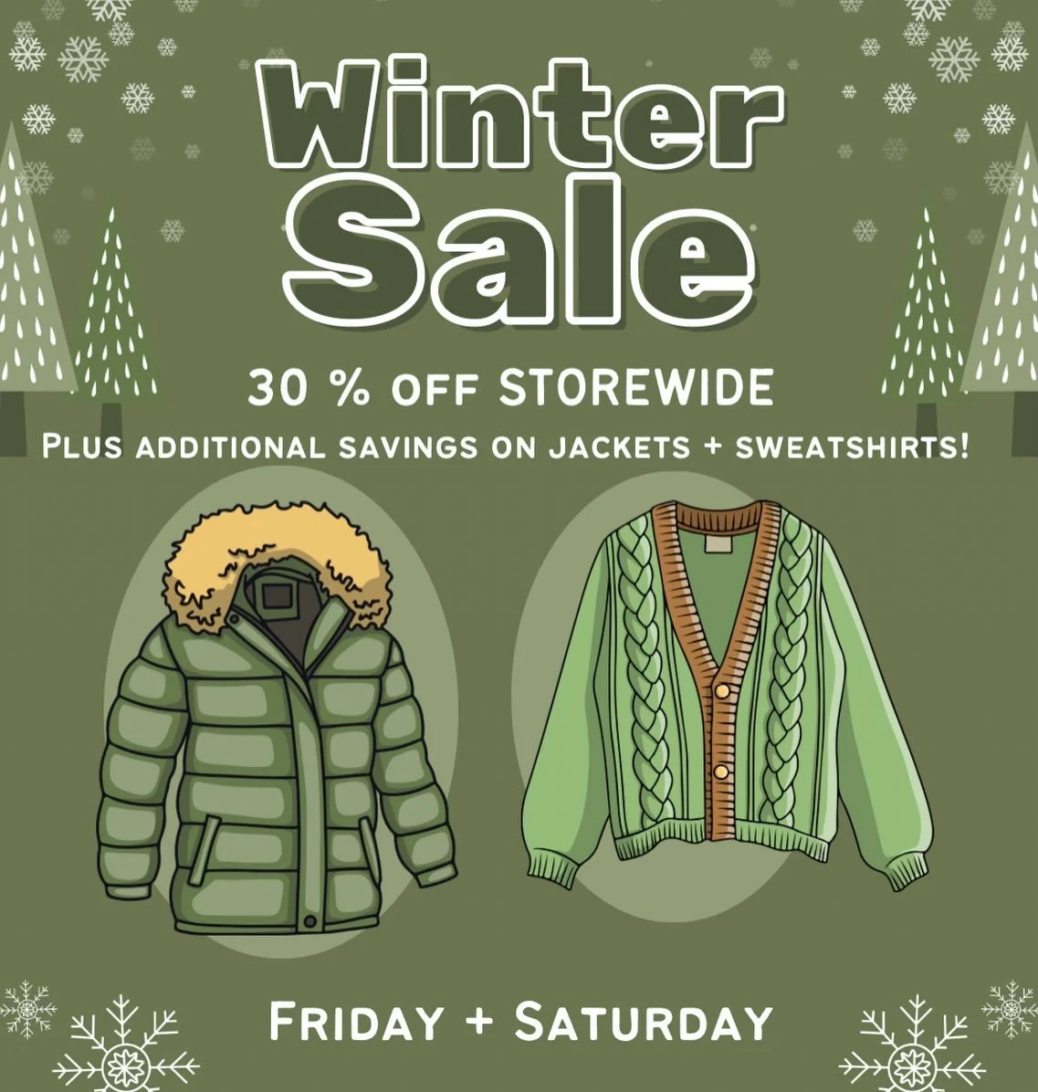 Day ✌🏻 of our WINTER SALE!! 
30 % off STOREWIDE! 
PLUS 40% off home decor &amp; jackets 
AND 50% off sweatshirts!! 

We are still putting 200+ new items out each day!!