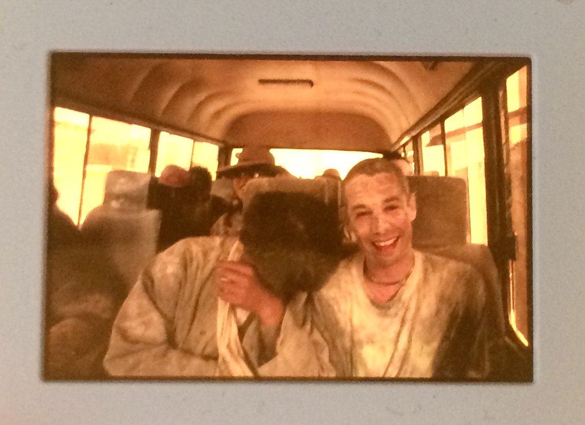 From a color slide I took of Yauch in Tibet (1995) after we attended a religious festival that devolved into tsampa-throwing battle. Tsampa is a barely flour and a staple in the Tibetan diet. Throwing it in the air during a festival is a blessing…Throwing it in each other’s faces after the blessing is fun.