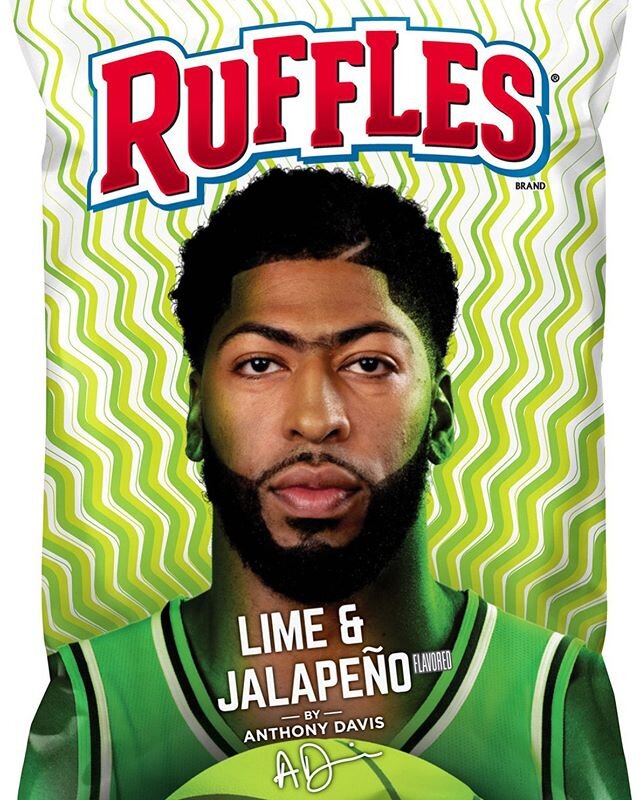 LAKER ANTHONY DAVIS&rsquo;s fave jalape&ntilde;o-lime chips will  debut this week, packaged by RUFFLES who also  is promoting the Brow&rsquo;s new Nikes w a &lsquo;ruffled&rsquo; edge.