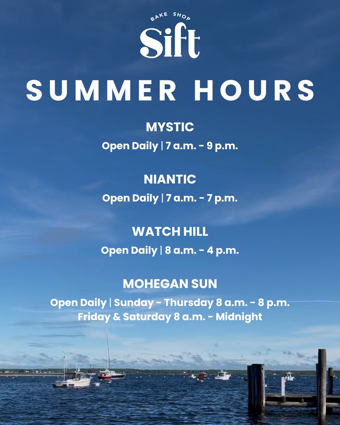 Check out our summer hours at our Sift Bake Shop locations! We can't wait to welcome you soon☀️

*
*
*
*
*
#atyhospitality #siftmystic #siftniantic #siftwatchill #siftbakeshop #mysticct #downtownmystic #ct #pastrychef
