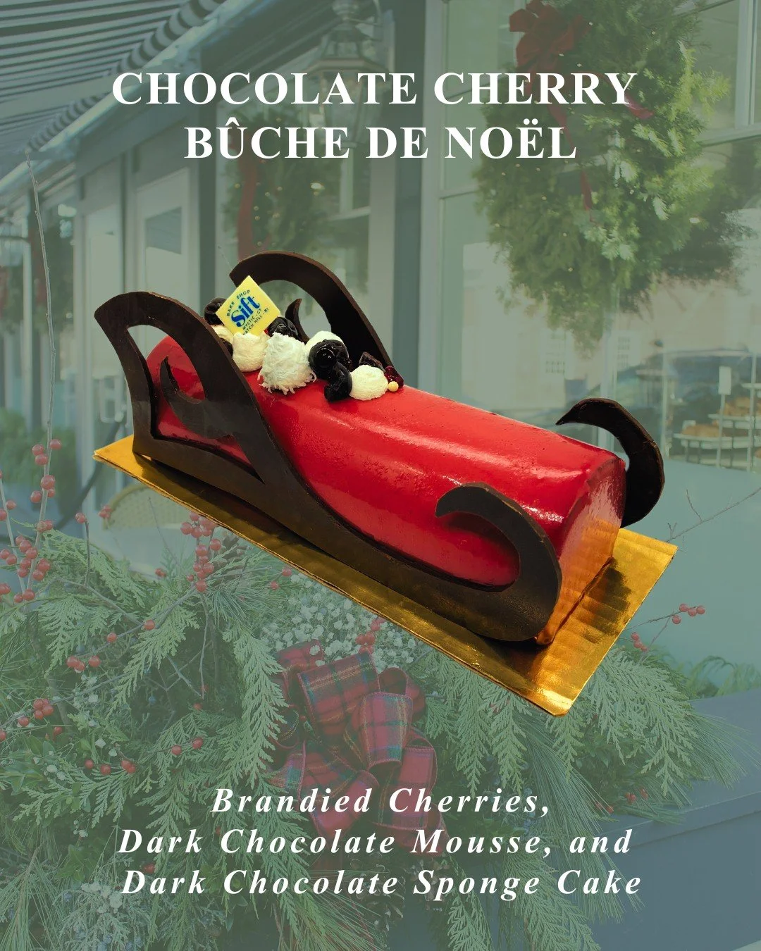 Chocolate Cherry B&ucirc;che de No&euml;l - brandied cherries, dark chocolate mousse, dark chocolate sponge cake🍒🍫

Christmas orders will be available for pick up at Sift Mystic and Niantic on Wednesday, December 24th from 7 a.m. - 3 p.m. 

Please 