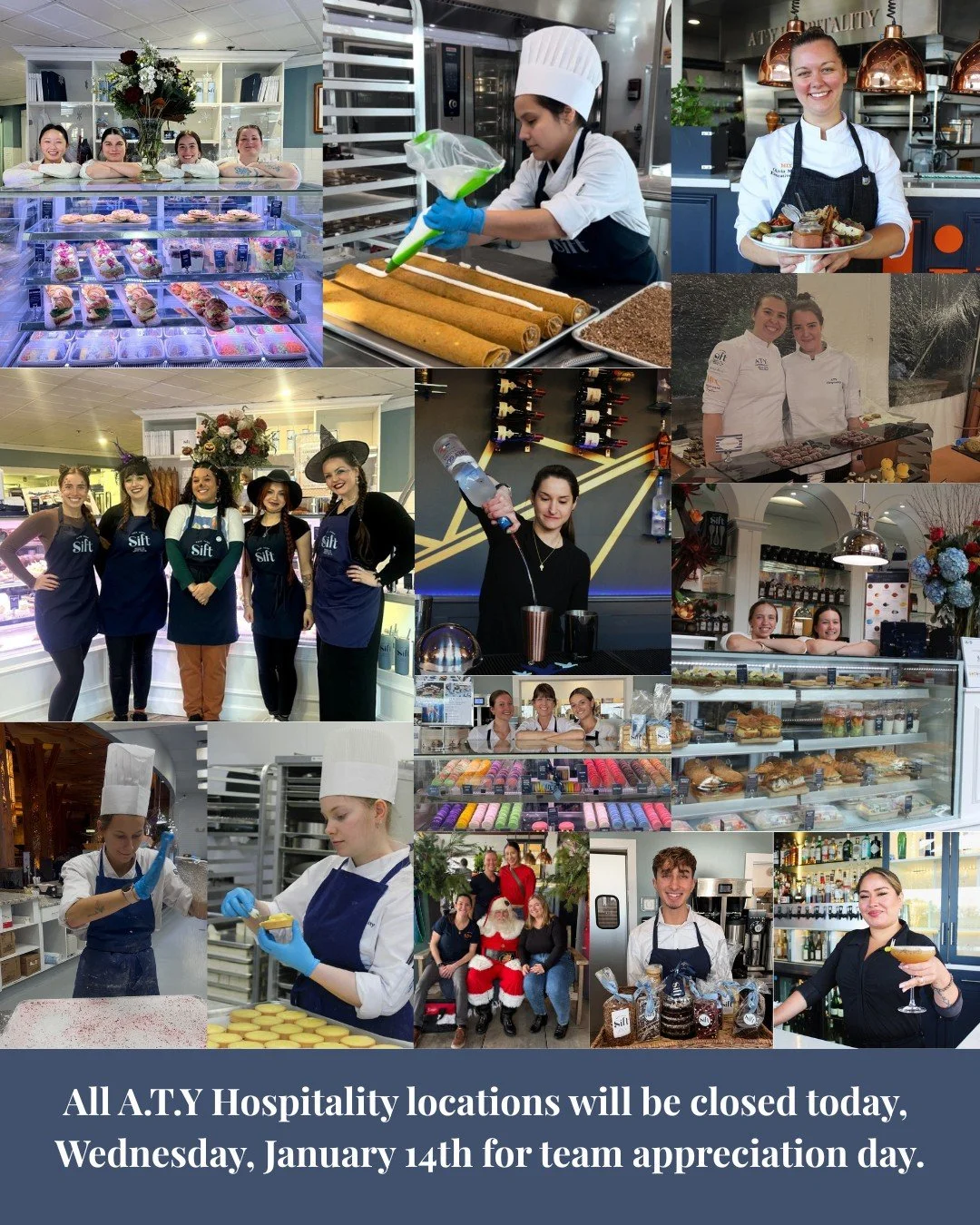 All A.T.Y Hospitality locations will be closed today, Wednesday, January 14th for team appreciation day.

Thank you! We'll see you tomorrow!

*
*
*
*
*
#atyhospitality #siftmystic #siftniantic #siftwatchill #siftbakeshop #mysticct #downtownmystic #ct