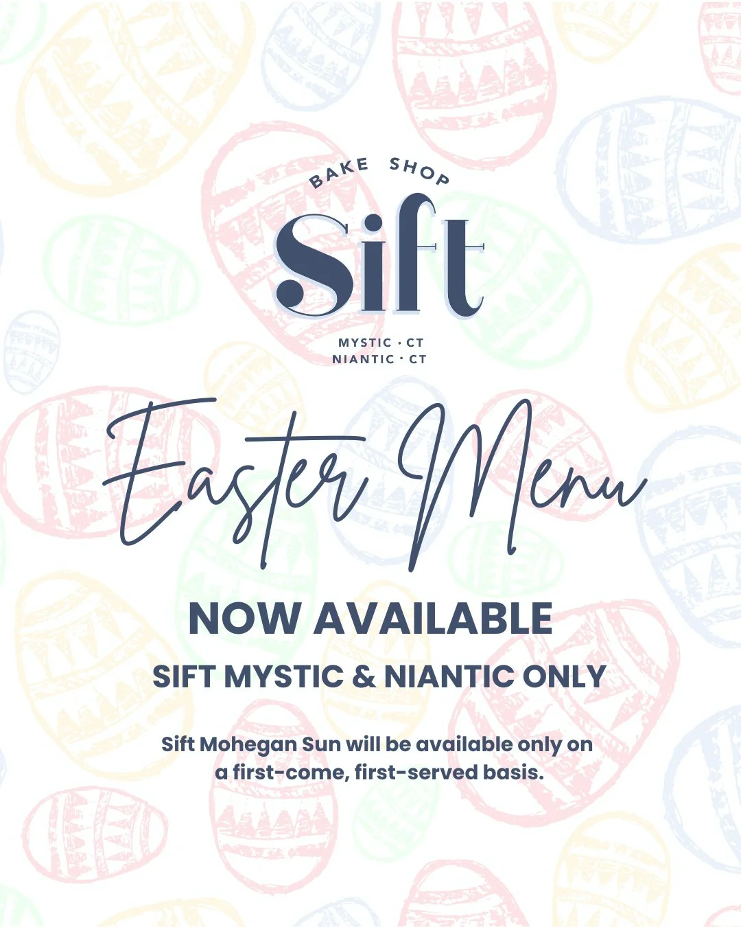 Our Easter menu is now available for Sift Mystic &amp; Niantic and includes delicious desserts and our full bakery menu!💗

All items are available for pre-order and pick up at Sift Mystic and Niantic on Saturday, April 5th from 7 a.m. - 6 p.m.

We w
