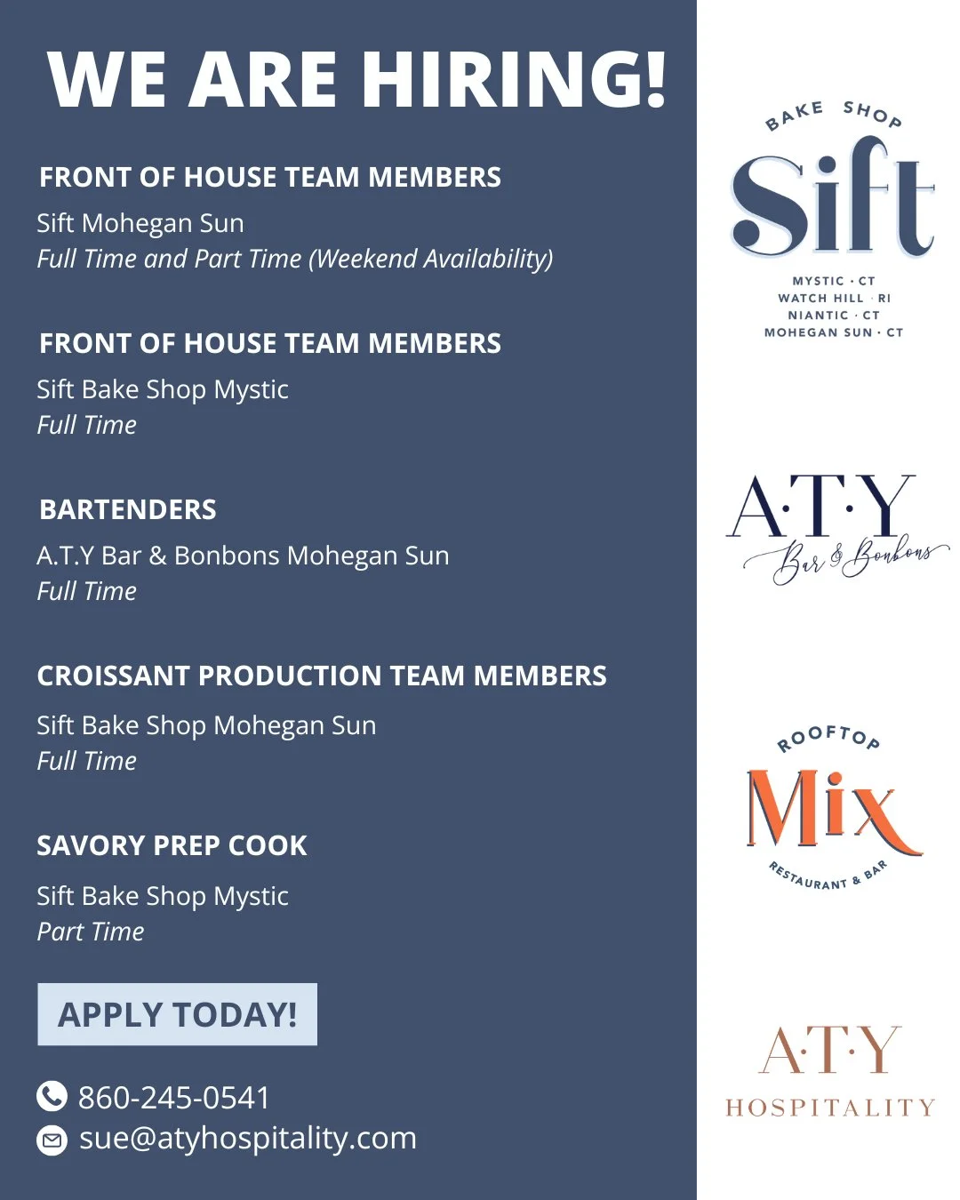 We're gearing up for summer at A.T.Y Hospitality!💙🥐 

Check out our open positions. If you're passionate about hospitality and love working in a fast-paced, team-oriented environment, we'd love to hear from you!

📩 Apply today by emailing sue@atyh