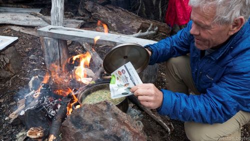 Rick makes dinner with the new Patagonia Provisions Tsampa Soupal, though for him it was “not so new” because he’s been eating tsampa with Yvon on their climbing trips going back nearly 40 years. Photo: Weston Boyles