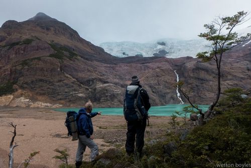 On the morning of day three the boys dropped into a new drainage lined with hanging glaciers. Photo: Weston Boyles