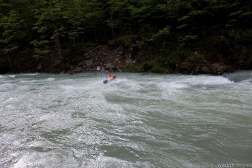 Rick makes the swim across the glacial water at the first and hardest ford. Photo: Weston Boyles