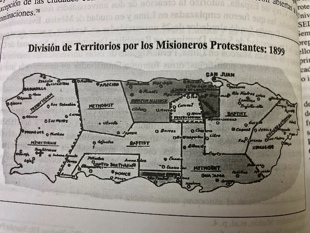 A historic map of how the various protestant denominations divided the island for missionary work.