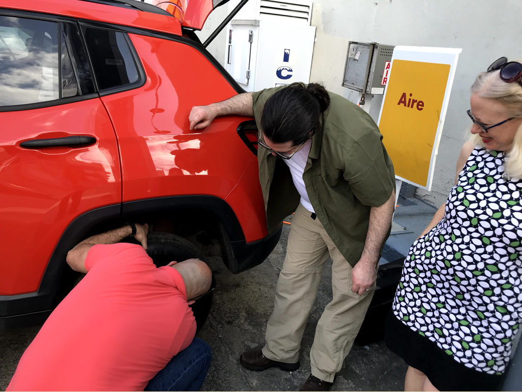 Margaret & Crystal navigated the rental car company and exchange. Amaury & Stephen changed the tire. And Leslie provided general knowledge and support to both. What a team!