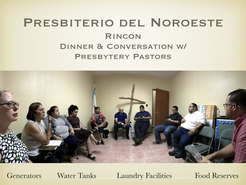 Following their visit to Puntas, the team traveled to Rincon for the final gathering of the day. There they shared dinner with members from across the presbytery, and met with pastoral leaders to hear more specifically about their hurricane-related experiences, their efforts to respond to the needs of their communities, and their recommendations for how the Synod of the Northeast might most helpfully partner with them in this work.