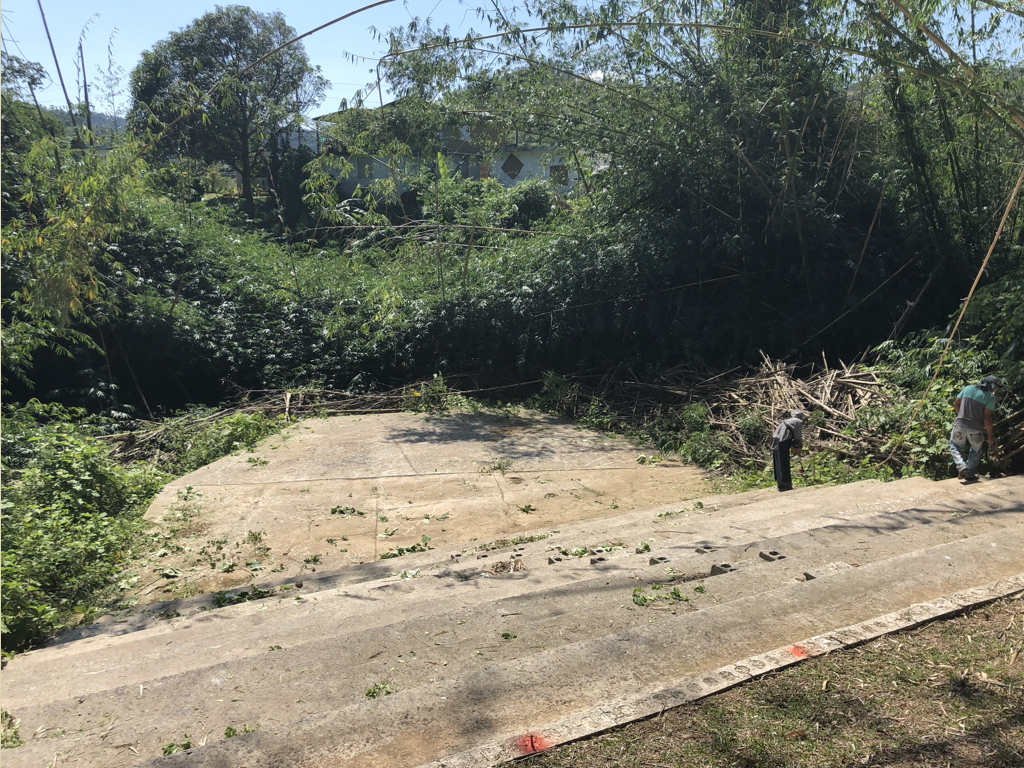 Before the hurricane, this was El Guacio’s outdoor chapel. It had been enclosed and canopied by entwined live bamboo, which were ripped away during the storm.