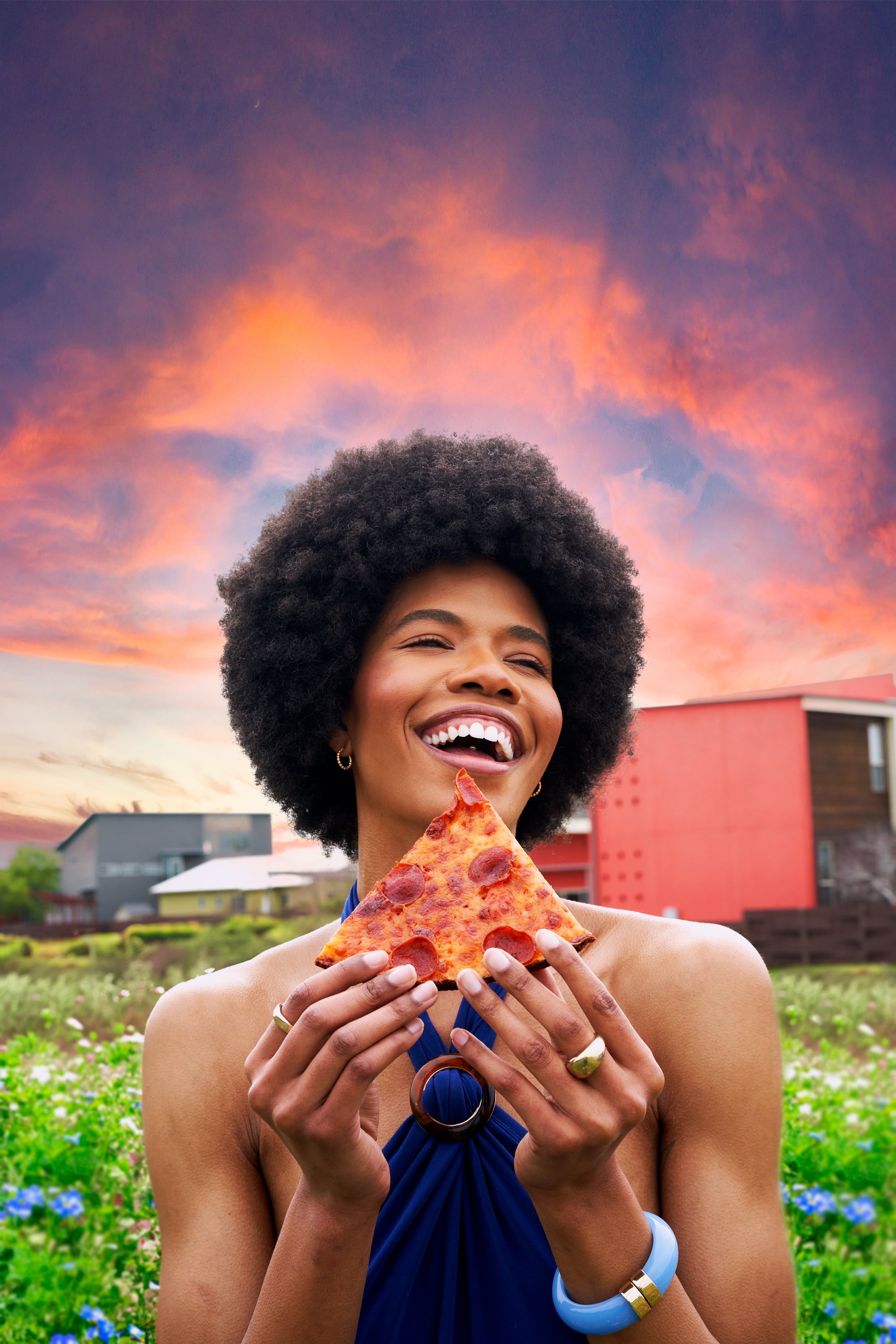 Gorgeous Afro Woman with Pizza and Spring Sunset