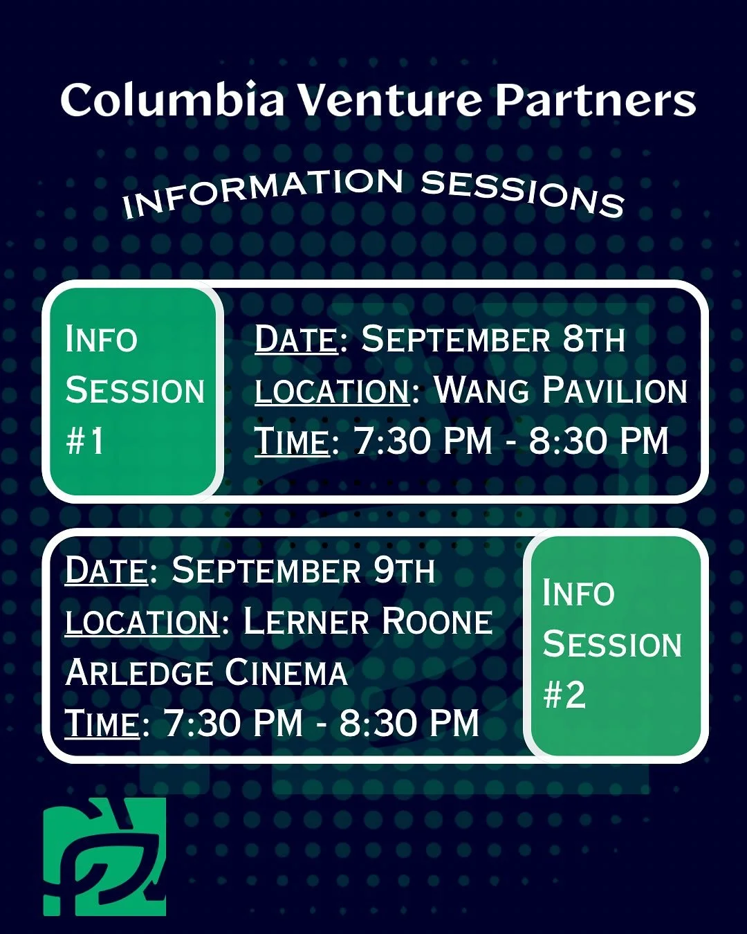 We will be hosting two information sessions this week! Sessions will be hosted MONDAY (9/8) in the Wang Pavilion and TUESDAY (9/9) in the Lerner Roone Arledge Cinema. Come learn about VC, CVP, and our 2025-2026 recruitment process!