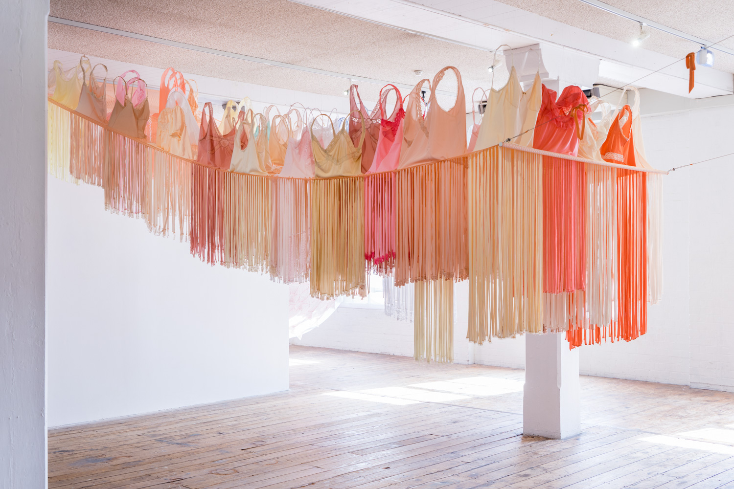   The Sleepover , 2018, found nighties and slips, found synthetic fabric and cotton ribbon, milliner’s wire, thread (with assistance from Melanie Ward, Monika Holgar and Kate Woodcroft) 670cm x 280cm x 210cm.   You are welcome to gently touch and wal