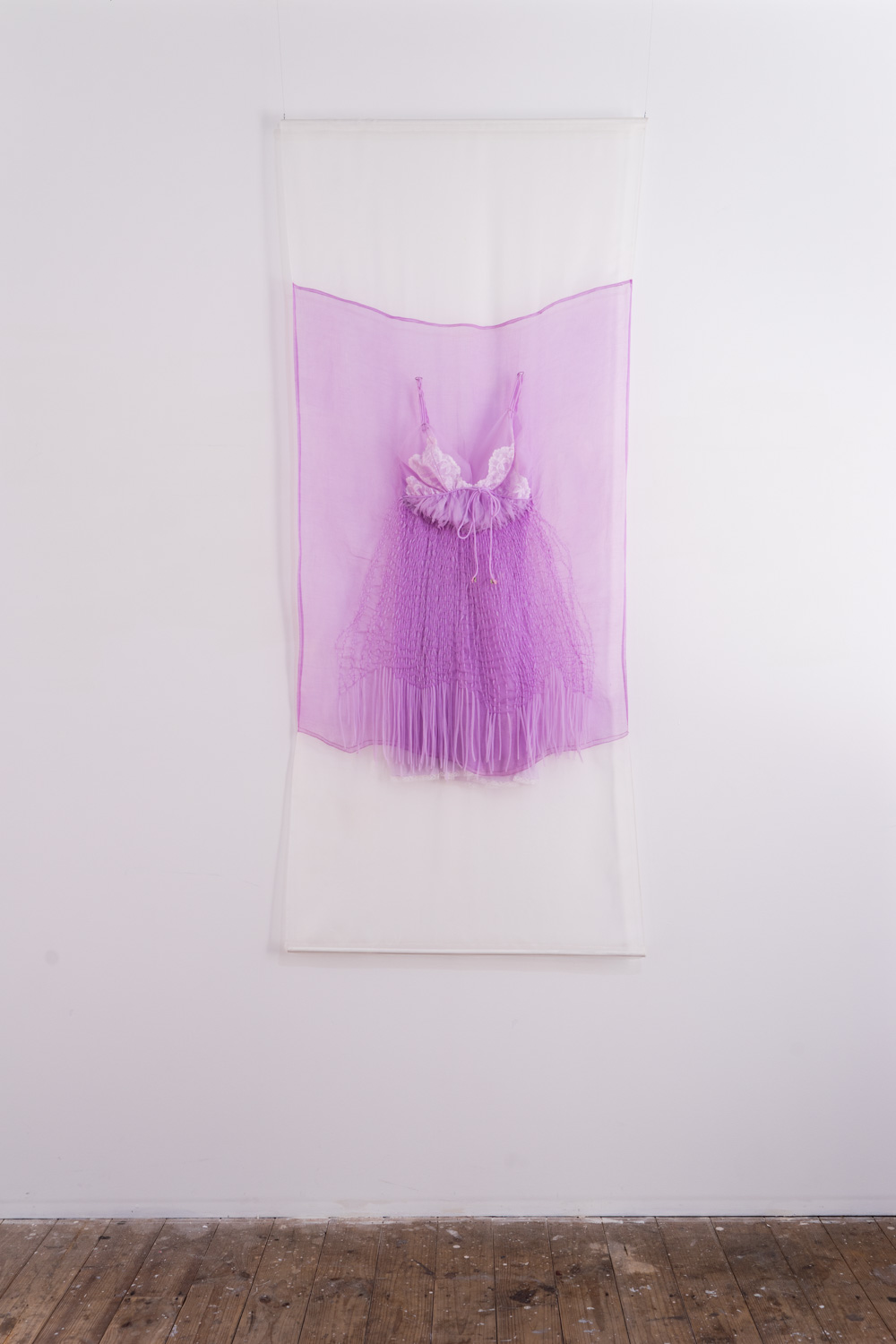   Dissolved nightie in lilac , 2018, silk fabric, gifted nightie (from Louise), thread, 66 x 220 x 6cm 