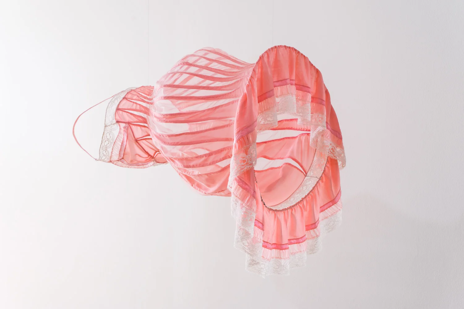Distended nightie in pink , 2018, found nightie and synthetic fabric, milliner’s wire, thread. 69 x 44 x 53cm