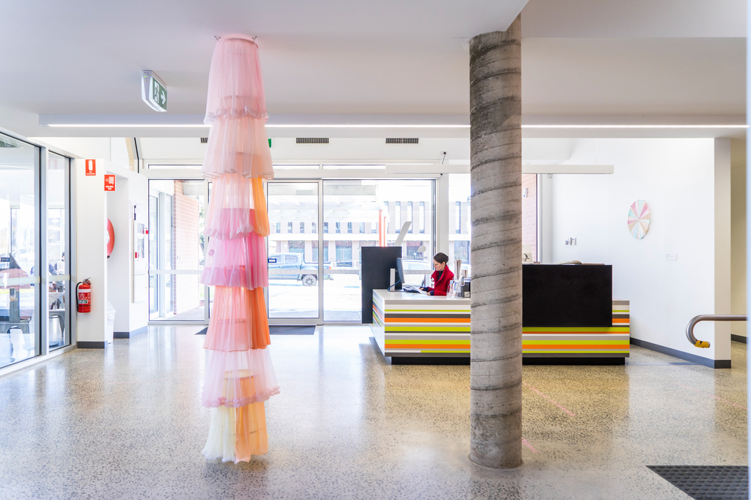   Ascension III (Peach, pink, lemon yellow),  2019, found nighties, silver-plated chain and jump rings, cane, thread, 250cm h x 35cm diameter 