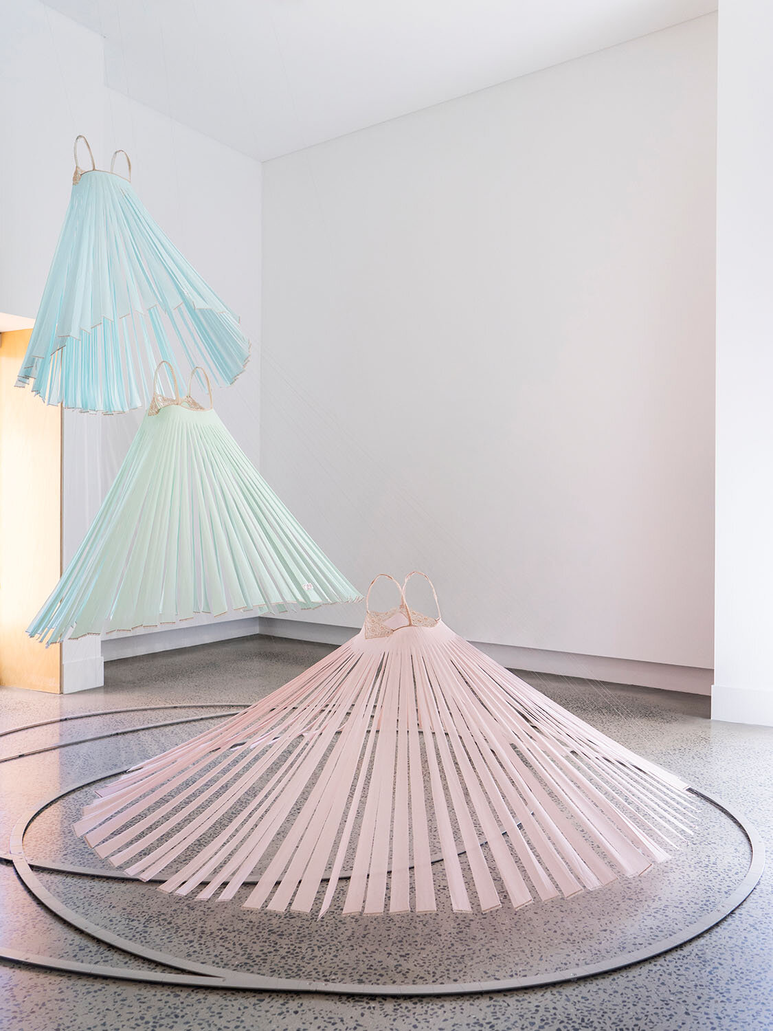   Ascension I (Angels) , 2019, found nighties, millinery wire, thread, magnets, steel, paint, 313 x 350 x 390cm 