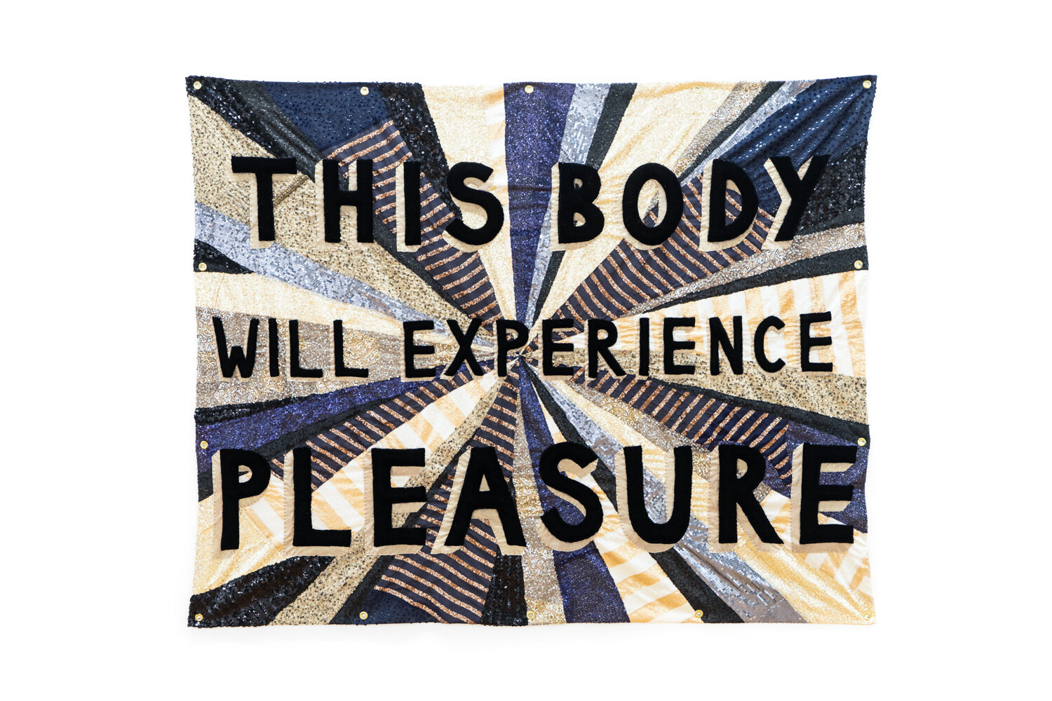   This Body Will Experience Pleasure , 2019, found sequinned dresses, fabric, thread, polyester stuffing, eyelets, 180 x 140 x 4cm 