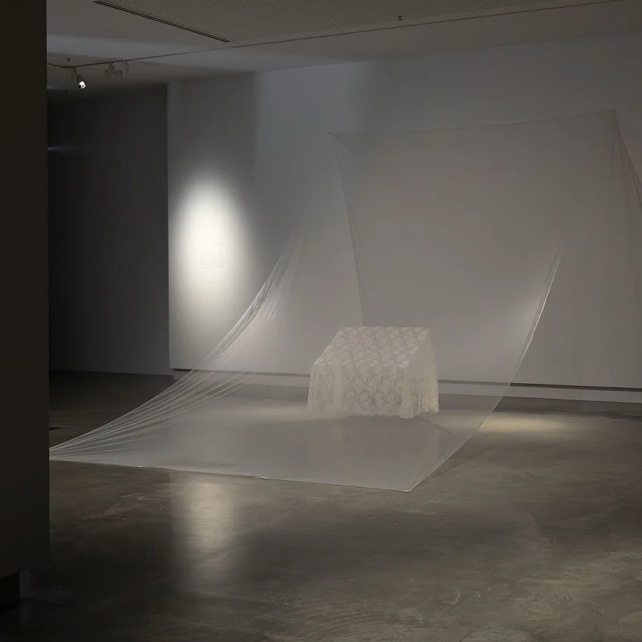 Floating Prism, 2016 (remade 2025), tulle, found lace fabric c.1960, thread, in &lsquo;the veil&rsquo; @buxton_contemporary
