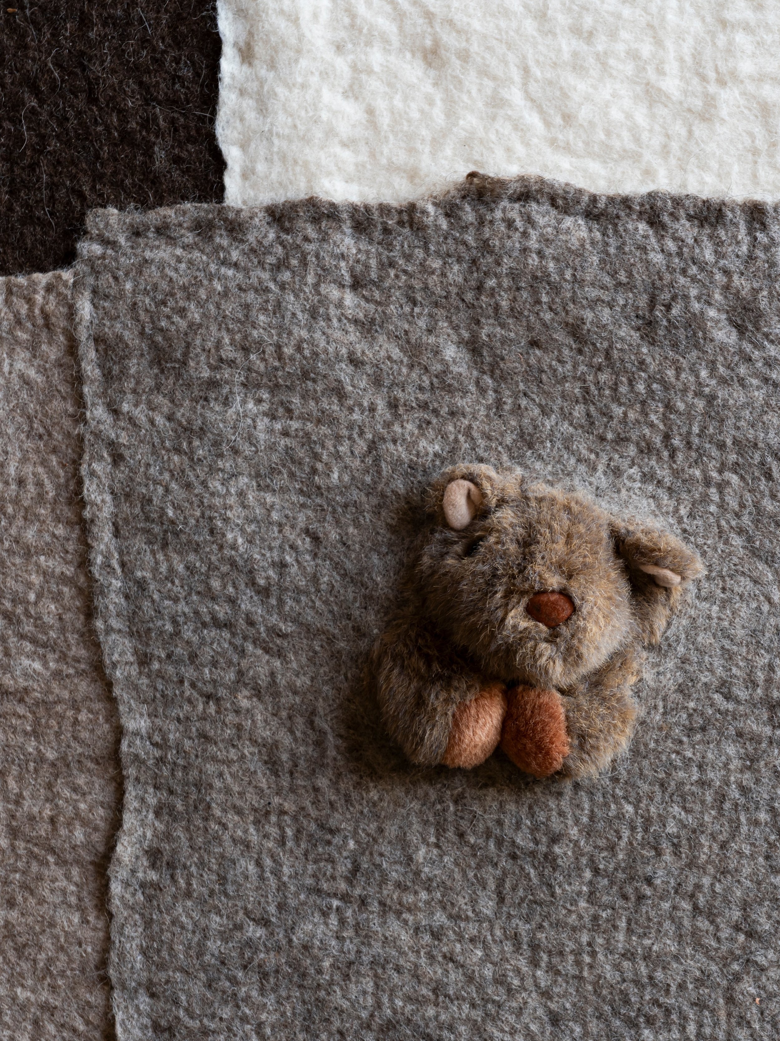 Here are some details of my little guys in &lsquo;I love you, keep going&rsquo;. They are embedded into the handmade felt using a needle-felting technique I devised. I think of these little softtoy animals as the symbolic witnesses (and companions) o