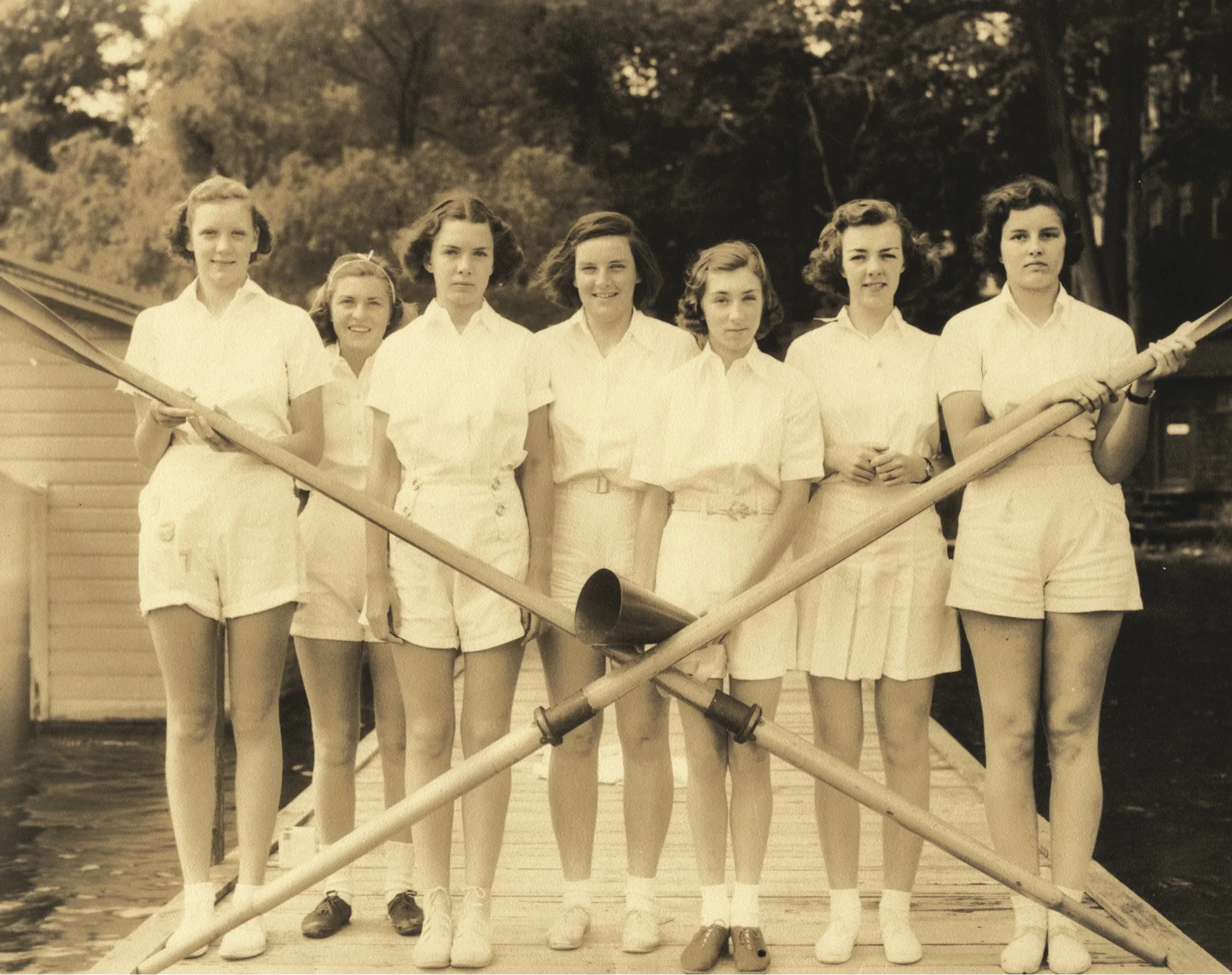 Dorris Forsbrey Sturges (third from right, with megaphone) stands with her Knox School crew in 1938.