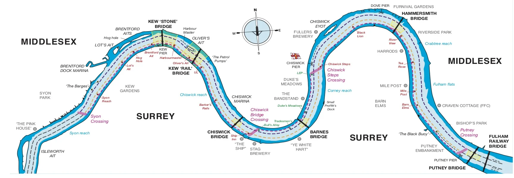 The University Boat Race course map courtesy of The Thames Regional Rowing Council