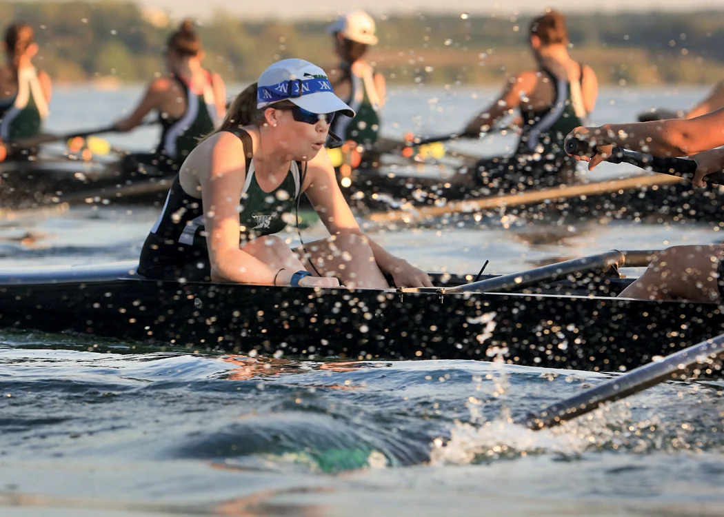Hannah Glenshaw, the William Smith 1V coxswain, performs during a practice