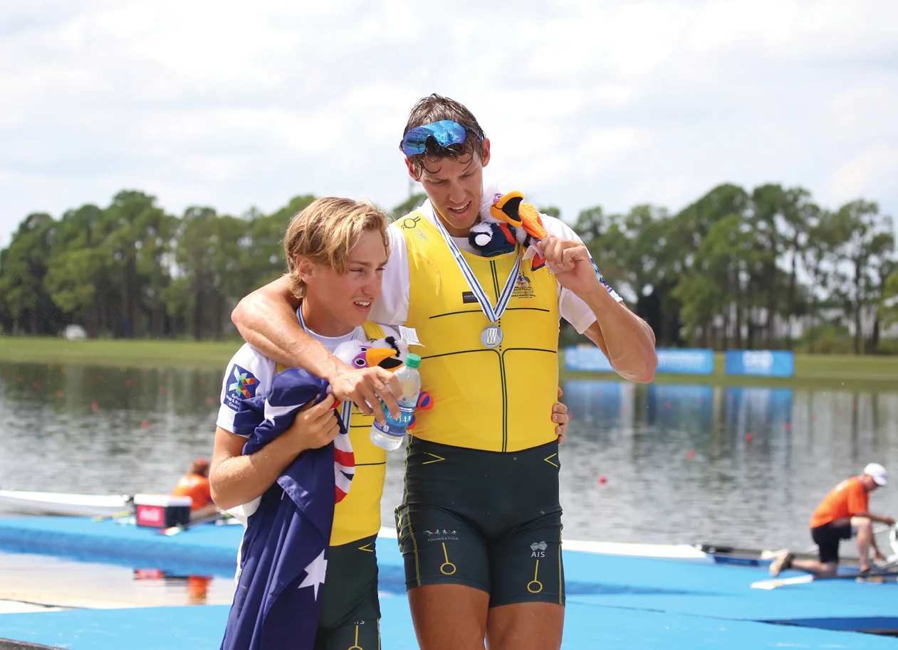 Rook and teammate Darcy Wruck after their silver-medal performance in the coxed pair.