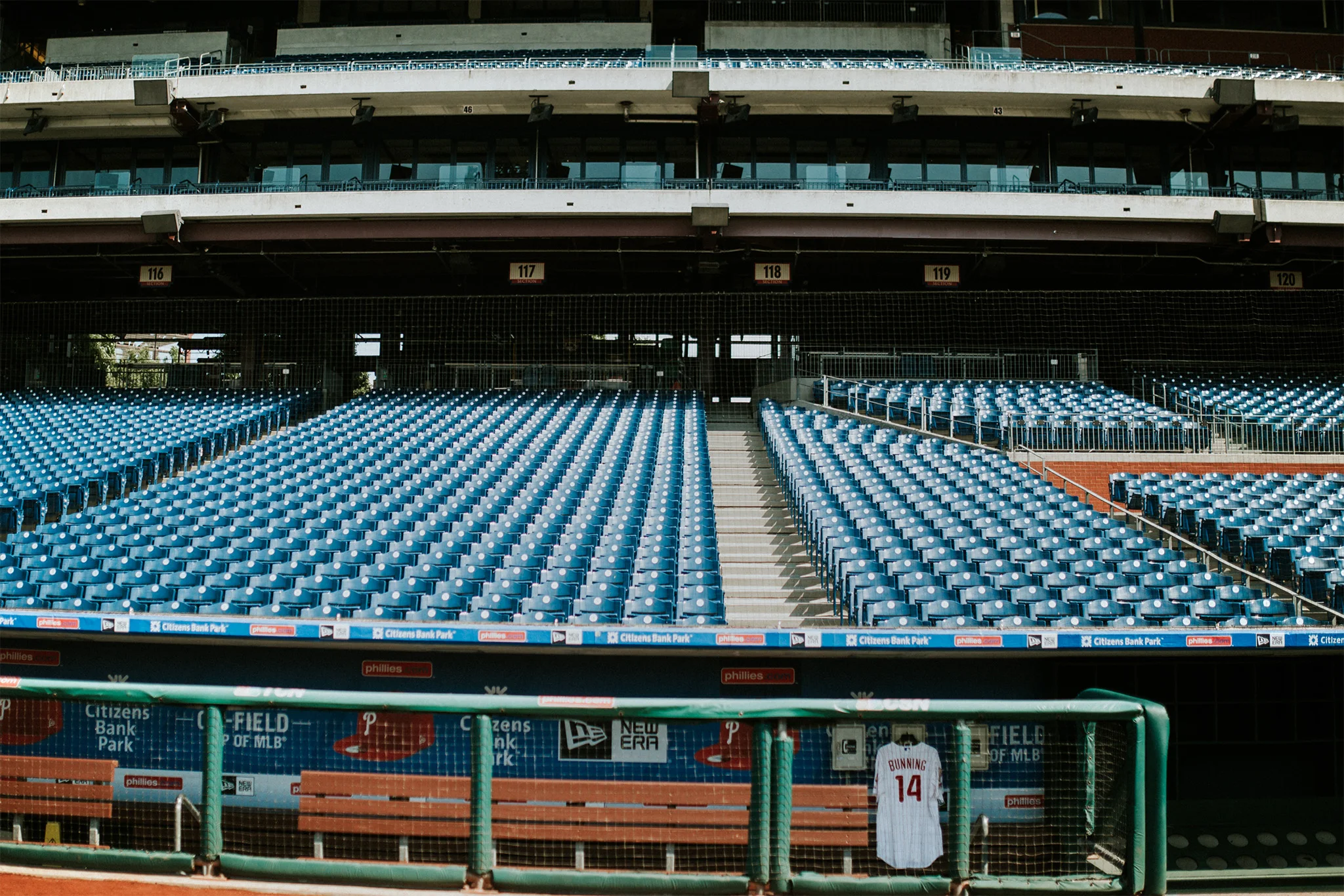 May 31: On May 26, my grandpa, Jim Bunning, passed away. He was a Hall of Fame pitcher, and on my way to pay respects, I was able to go to the Philadelphia Phillies' stadium to pay respects. During a game the weekend after his death, they hung his jersey in the dugout, and the team graciously allowed me to hang his jersey again to take some photos for myself and my grandma. It felt like a fitting way to honor my grandpa. He loved the game.