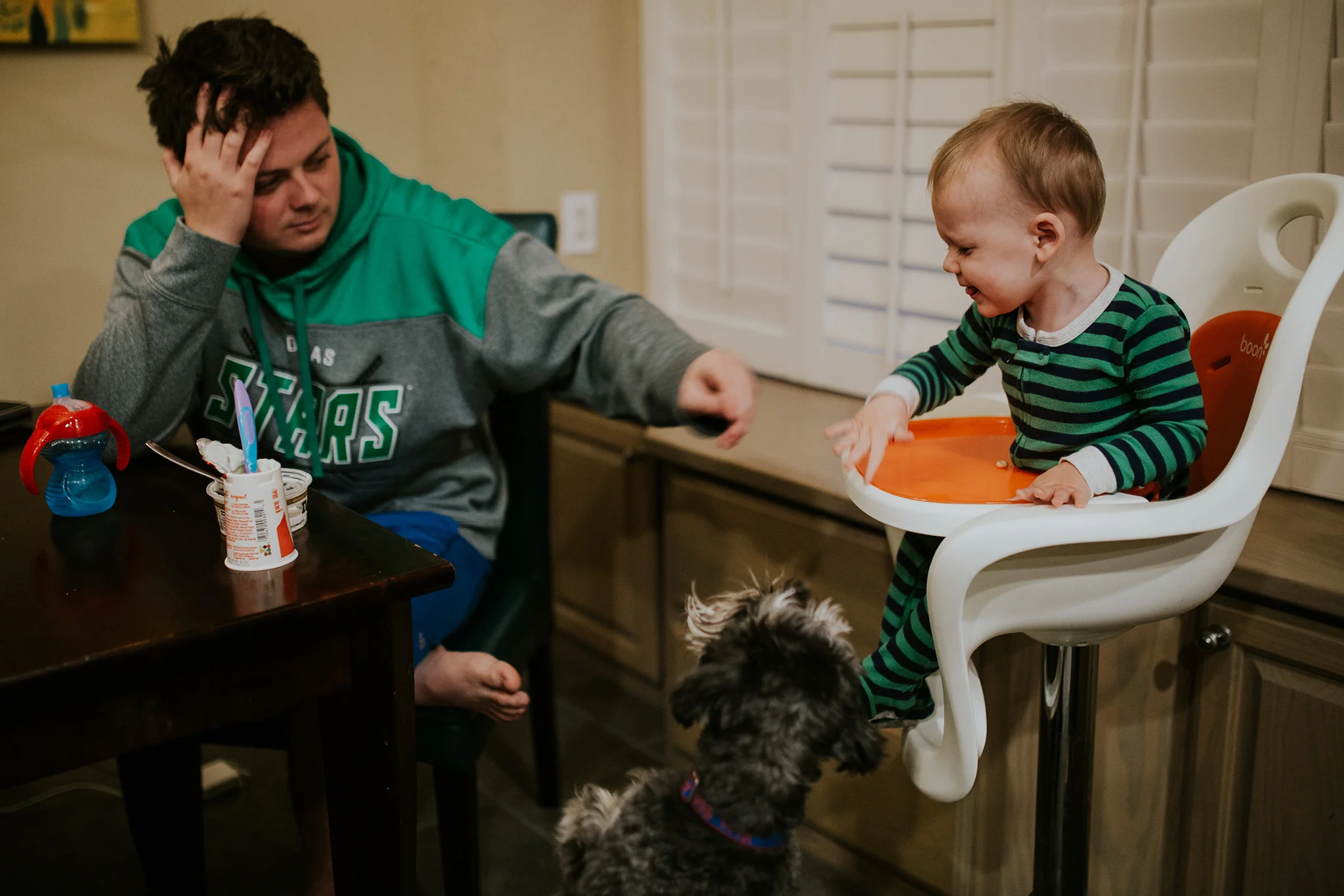 October 30: Breakfast shenanigans with Josh, the supermanny, and Jameson the covert dog feeder who doesn't like reprimands.