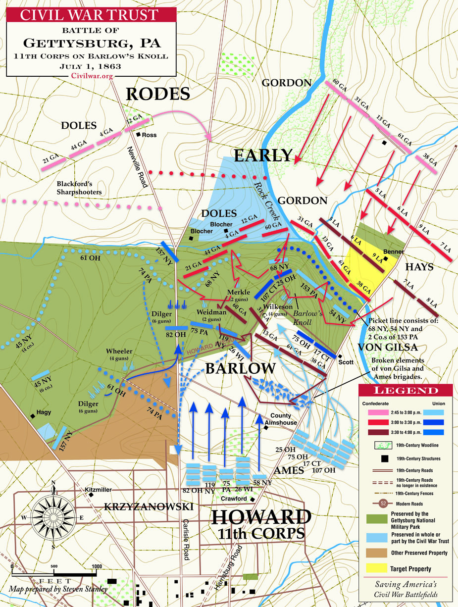 Map Showing the 119th New York on Barlow's Knoll on the 1st day of Gettysburg (July 1, 1863).