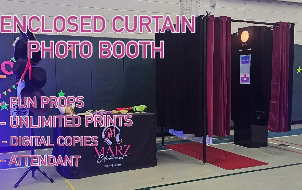 Our enclosed curtain Photo Booth is a classic style booth with a lot of character. Let loose and be silly for the camera - no one can see you! BOOK YOURS TODAY! #marzentertainment #marzdjs #photobooth