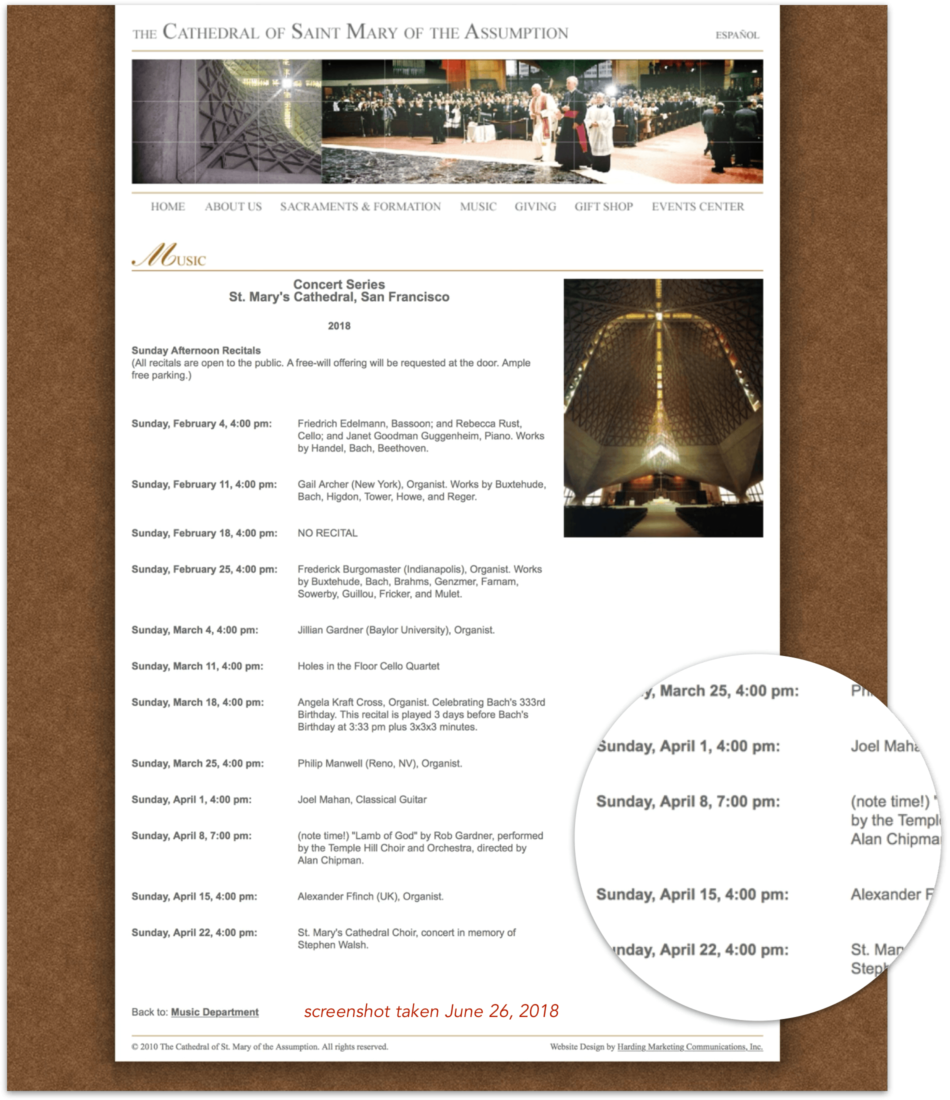 Screenshot of the Cathedral of St. Mary of the Assumption concert webpage from June 26, 2018. Shows an outdated design with long text lists for Sunday recitals. A circular magnifier highlights part of the calendar.