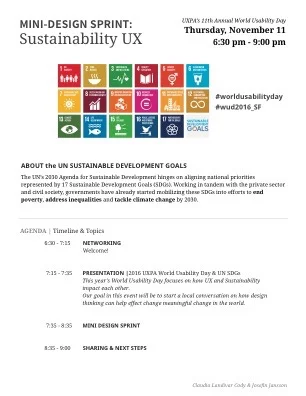 World Usability Day Mini-Design Sprint Agenda sheet showing the event timeline and activities.